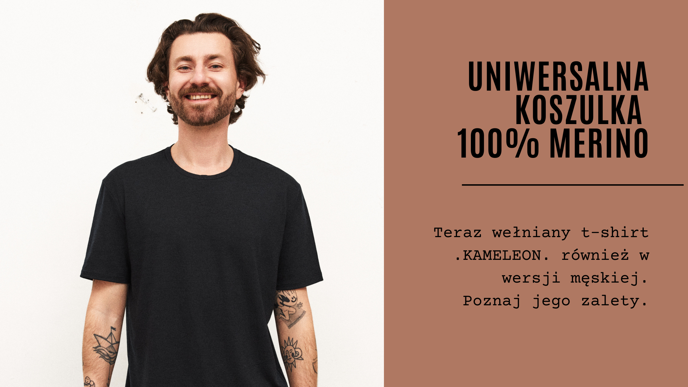 Uniwersalna męska czarna koszulka z 100% wełny merino .KAMELEON.